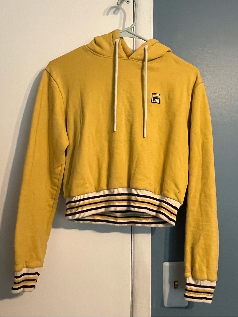 Fila Mustard Yellow Cropped Hoodie with Striped Ribbing